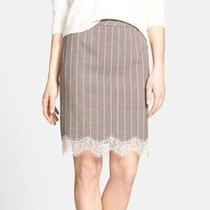 CHELSEA28 Lace Trim Plaid Brown Pencil Skirt SZ M NEW